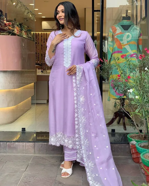 Lavender_Georgette_Embroidered_A-Line_Kurta_With_Dupatta_And_Pant_Set_For_Women