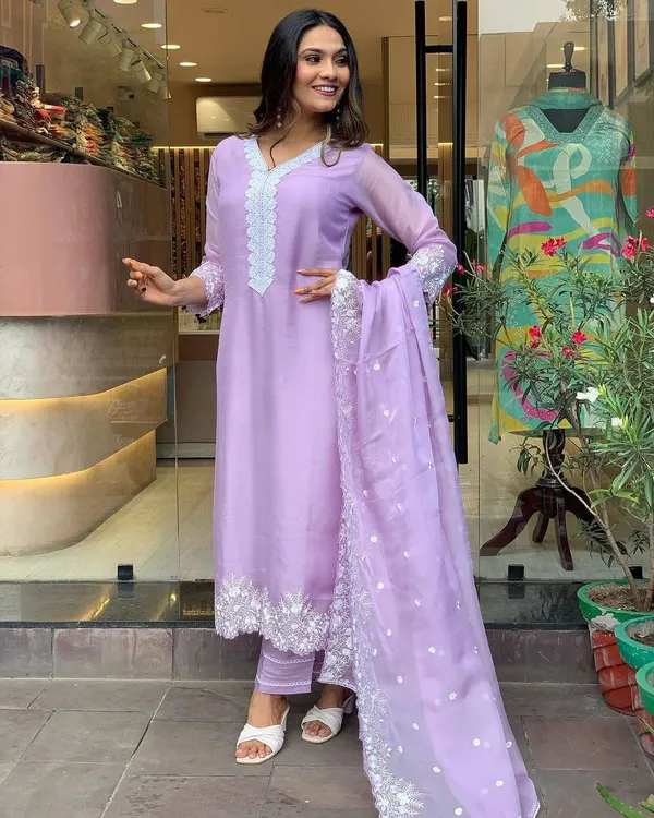 Lavender_Georgette_Embroidered_A-Line_Kurta_With_Dupatta_And_Pant_Set_For_Women