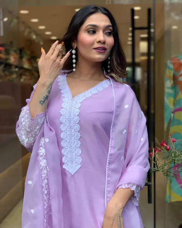 Lavender_Georgette_Embroidered_A-Line_Kurta_With_Dupatta_And_Pant_Set_For_Women
