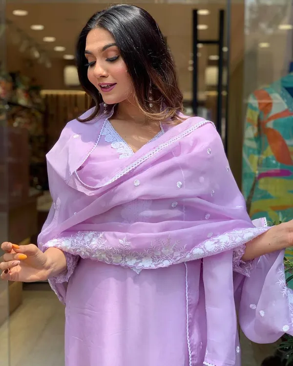 Lavender_Georgette_Embroidered_A-Line_Kurta_With_Dupatta_And_Pant_Set_For_Women