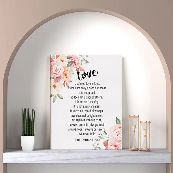 Multicolor_Floral_Love_is_Patinet_Kind_Bible_Verse_Canvas_Home_Wall_Art_Decor_Scripture_Painting_12x15_Poster_Framed_Ready_to_Hang_Wedding_Gift