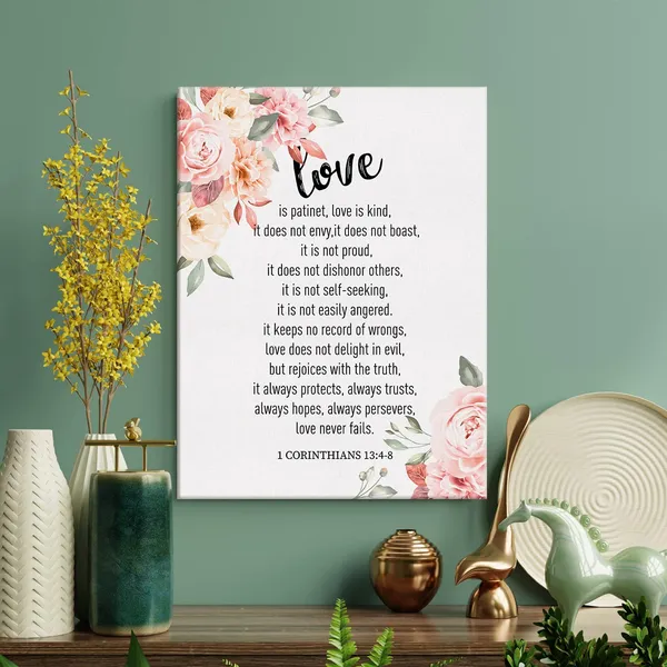 Multicolor_Floral_Love_is_Patinet_Kind_Bible_Verse_Canvas_Home_Wall_Art_Decor_Scripture_Painting_12x15_Poster_Framed_Ready_to_Hang_Wedding_Gift