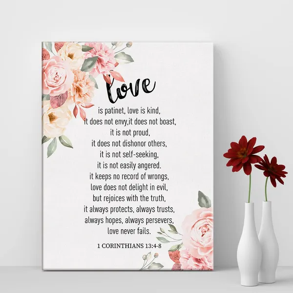 Multicolor_Floral_Love_is_Patinet_Kind_Bible_Verse_Canvas_Home_Wall_Art_Decor_Scripture_Painting_12x15_Poster_Framed_Ready_to_Hang_Wedding_Gift