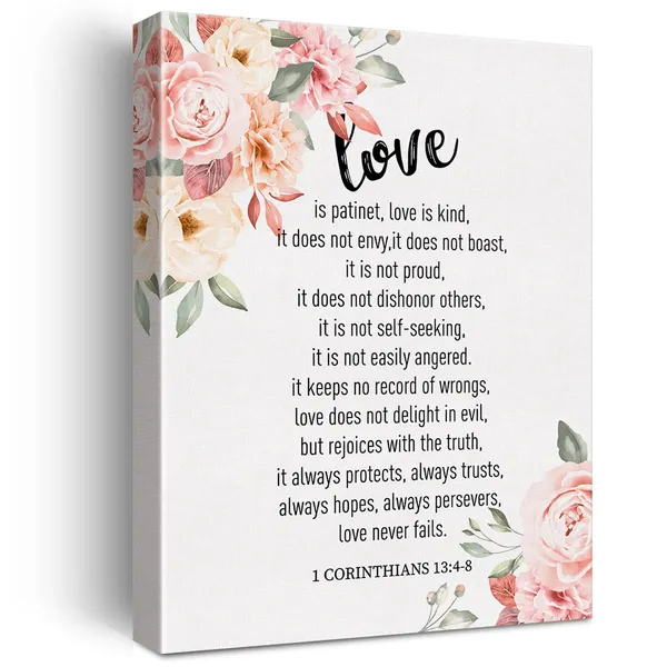 Multicolor_Floral_Love_is_Patinet_Kind_Bible_Verse_Canvas_Home_Wall_Art_Decor_Scripture_Painting_12x15_Poster_Framed_Ready_to_Hang_Wedding_Gift