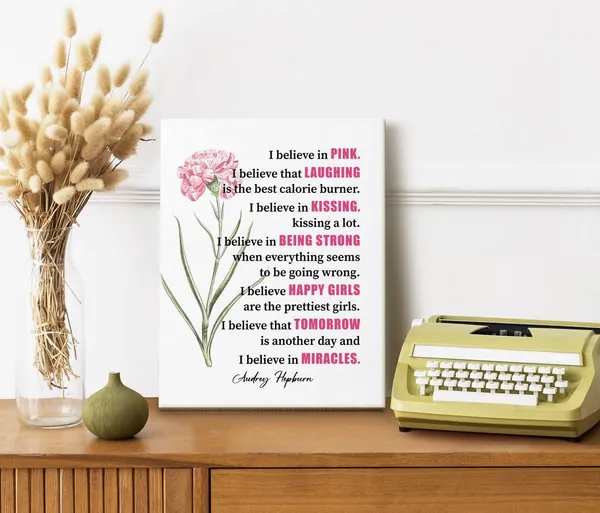 Multicolor_Canvas_Wall_Art_Audrey_Hepburn-"I_Believe_in_Pink"_Wall_Art_Decor,_Canvas_Prints_Poster_Wall_Art_|_For_Home_Decor,_Hanging_Modern_Farmhouse_Sign,_Great_Art_Gift_|_For_Women_Girl_12x15