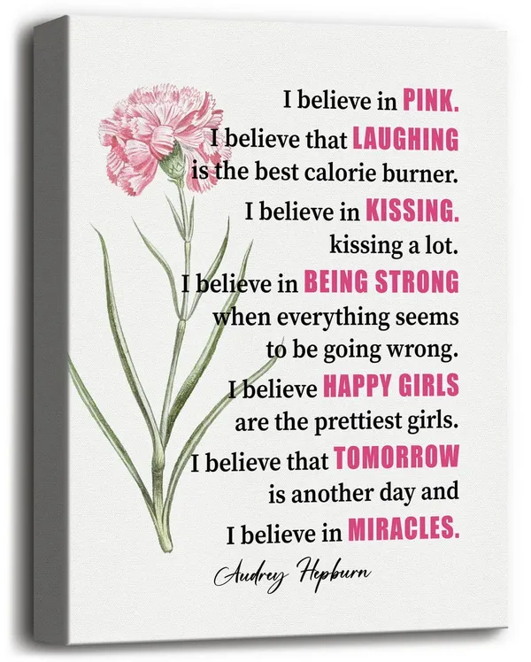 Multicolor_Canvas_Wall_Art_Audrey_Hepburn-"I_Believe_in_Pink"_Wall_Art_Decor,_Canvas_Prints_Poster_Wall_Art_|_For_Home_Decor,_Hanging_Modern_Farmhouse_Sign,_Great_Art_Gift_|_For_Women_Girl_12x15