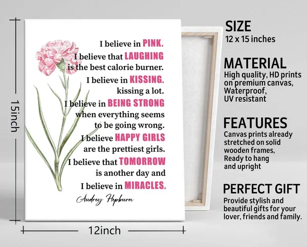 Multicolor_Canvas_Wall_Art_Audrey_Hepburn-"I_Believe_in_Pink"_Wall_Art_Decor,_Canvas_Prints_Poster_Wall_Art_|_For_Home_Decor,_Hanging_Modern_Farmhouse_Sign,_Great_Art_Gift_|_For_Women_Girl_12x15