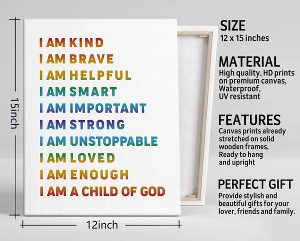 Multicolor_I_Am_Kind_I_Am_A_Child_of_God_Inspirational_Quote_Canvas_Wall_Art_Decor,_Kids_Affirmation_Canvas_Prints_Poster_Wall_Art,_Canvas_Wall_Art_|_For_Nursery,_Kid's_Room_Decor,_Education_|_For_Children_12_x_16_in
