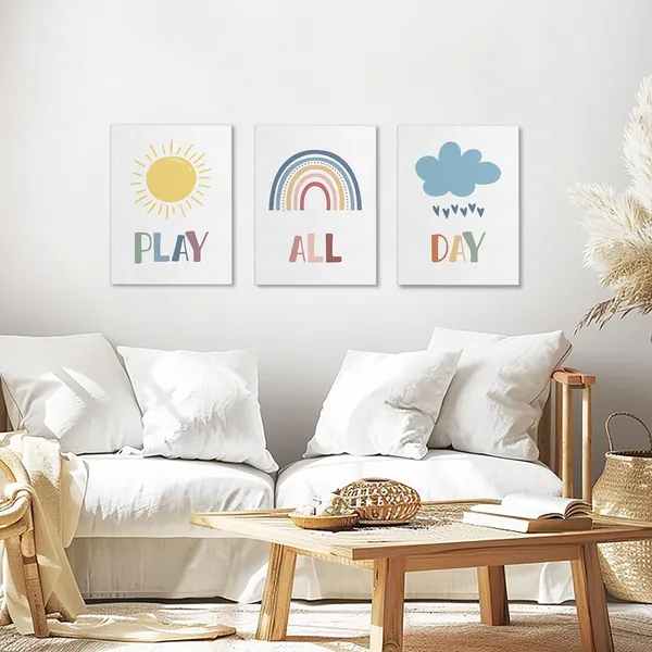 Multicolor_3_Pieces_Canvas_Wall_Art,_Inspirational_Wall_Art,_Rainbow_Sun_Cloud_Painting_Artwork_|_For_Playroom_Decor,_Positive_Home_Decor,_Nursery_Wall_Art,_Poster_Decor_|_For_Kids_Boys_Room,_Play_All_Day_Posters