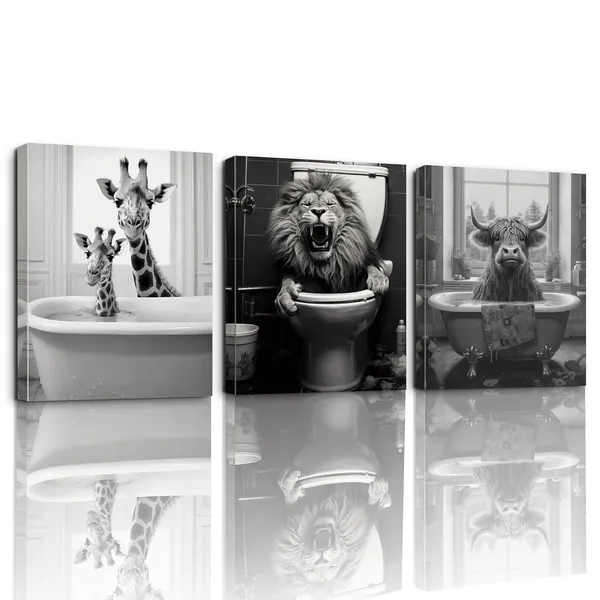 Multicolor_3_Pieces_Canvas_Wall_Art,_Bathroom_Wall_Art,_Giraffe_Lion_&_Cow_in_Bathtub_|_For_Funny_Bathroom_Wall_Decor,_Farmhouse_Home_Bathroom_Decor_Sets,_Vintage_Humor_Animals_Canvas_Poster_|_For_Bathroom_Decor