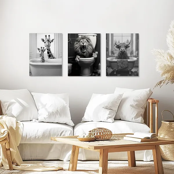 Multicolor_3_Pieces_Canvas_Wall_Art,_Bathroom_Wall_Art,_Giraffe_Lion_&_Cow_in_Bathtub_|_For_Funny_Bathroom_Wall_Decor,_Farmhouse_Home_Bathroom_Decor_Sets,_Vintage_Humor_Animals_Canvas_Poster_|_For_Bathroom_Decor
