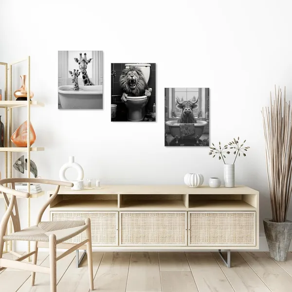 Multicolor_3_Pieces_Canvas_Wall_Art,_Bathroom_Wall_Art,_Giraffe_Lion_&_Cow_in_Bathtub_|_For_Funny_Bathroom_Wall_Decor,_Farmhouse_Home_Bathroom_Decor_Sets,_Vintage_Humor_Animals_Canvas_Poster_|_For_Bathroom_Decor
