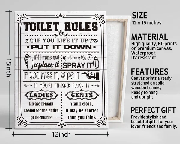 Multicolor_Bathroom_Funny_Canvas_Wall_Art_Rustic_Toilet_Rules_Prints_Signs,_Canvas_Prints_Poster_Wall_Art_|_For_Bathroom_Laundry_Room_Decor,_Print_HD_Picture_Artwork_Home_Decor,_Size_12x15