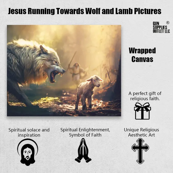 Multicolor_GUN_SUPPLIES_OUTLET_LLC_Christian_Wall_Art_Jesus_Running_Towards_Wolf_and_Lamb_Pictures_Jesus_Art_Wall_Decor_|_For_Living_Room_Bedroom_Church_Decorations_12x16_inch