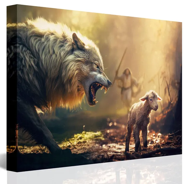 Multicolor_GUN_SUPPLIES_OUTLET_LLC_Christian_Wall_Art_Jesus_Running_Towards_Wolf_and_Lamb_Pictures_Jesus_Art_Wall_Decor_|_For_Living_Room_Bedroom_Church_Decorations_12x16_inch