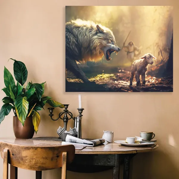Multicolor_GUN_SUPPLIES_OUTLET_LLC_Christian_Wall_Art_Jesus_Running_Towards_Wolf_and_Lamb_Pictures_Jesus_Art_Wall_Decor_|_For_Living_Room_Bedroom_Church_Decorations_12x16_inch
