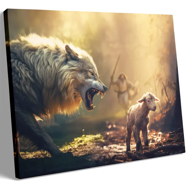 Multicolor_GUN_SUPPLIES_OUTLET_LLC_Christian_Wall_Art_Jesus_Running_Towards_Wolf_and_Lamb_Pictures_Jesus_Art_Wall_Decor_|_For_Living_Room_Bedroom_Church_Decorations_12x16_inch