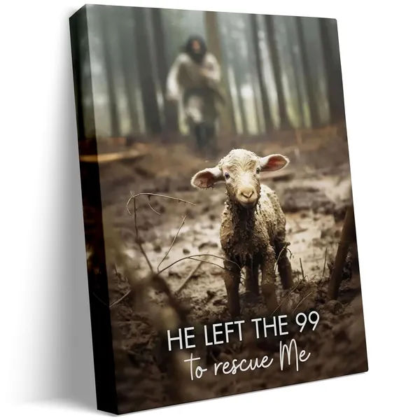 Multicolor_GUN_SUPPLIES_OUTLET_LLC_Jesus_With_The_Sheep_Wall_Art_Jesus_Running_After_Lamb_Canvas_Print_He_Left_the_99_to_Rescue_Me_Jesus_and_Lost_Sheep_Christian_Wall_Art_12x16_inch