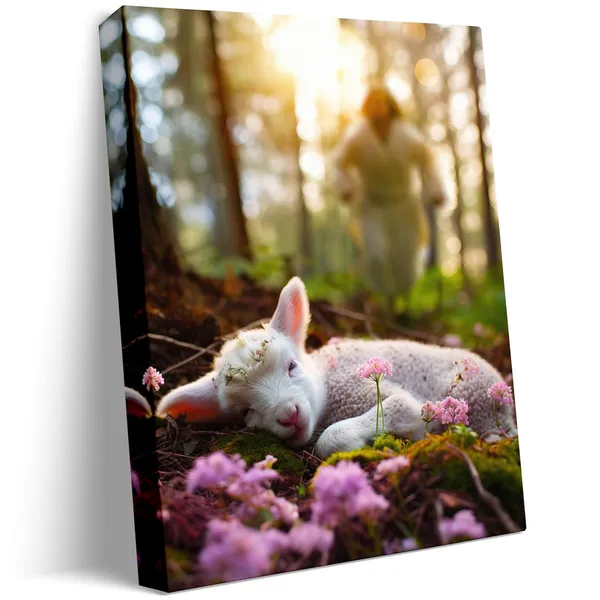 Multicolor_Jesus_and_Lamb_Canvas_Wall_Art_Jesus_Runs_|_For_the_Lost_Sheep_In_Spring_|_Forest_Picture_Wall_Art_Canvas_Print_Christian_Home_Decor_12x16_inch