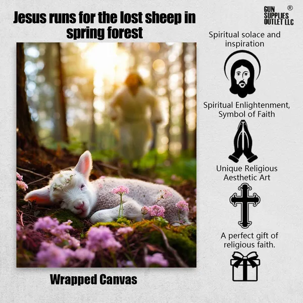 Multicolor_Jesus_and_Lamb_Canvas_Wall_Art_Jesus_Runs_|_For_the_Lost_Sheep_In_Spring_|_Forest_Picture_Wall_Art_Canvas_Print_Christian_Home_Decor_12x16_inch