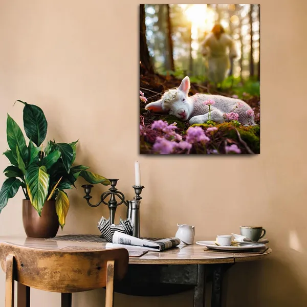 Multicolor_Jesus_and_Lamb_Canvas_Wall_Art_Jesus_Runs_|_For_the_Lost_Sheep_In_Spring_|_Forest_Picture_Wall_Art_Canvas_Print_Christian_Home_Decor_12x16_inch