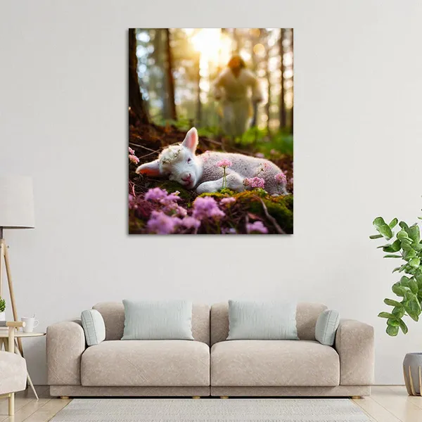 Multicolor_Jesus_and_Lamb_Canvas_Wall_Art_Jesus_Runs_|_For_the_Lost_Sheep_In_Spring_|_Forest_Picture_Wall_Art_Canvas_Print_Christian_Home_Decor_12x16_inch