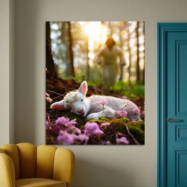Multicolor_Jesus_and_Lamb_Canvas_Wall_Art_Jesus_Runs_|_For_the_Lost_Sheep_In_Spring_|_Forest_Picture_Wall_Art_Canvas_Print_Christian_Home_Decor_12x16_inch