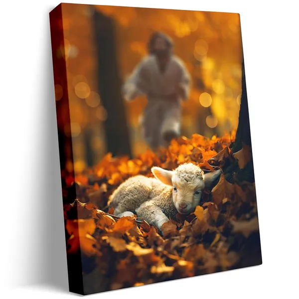 Multicolor_Jesus_and_Lamb_Canvas_Wall_Art_Jesus_Runs_|_For_the_Lost_Sheep_In_Autumn_|_Forest_Picture_Wall_Art_Canvas_Print_Christian_Home_Decor_12x16_inch