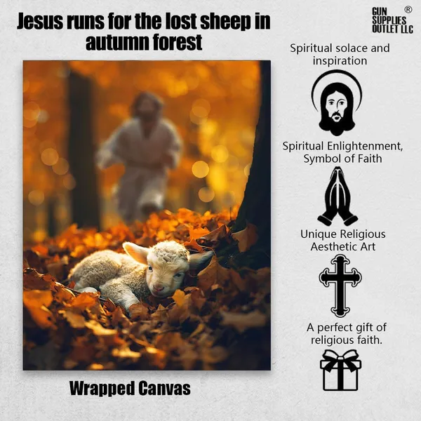 Multicolor_Jesus_and_Lamb_Canvas_Wall_Art_Jesus_Runs_|_For_the_Lost_Sheep_In_Autumn_|_Forest_Picture_Wall_Art_Canvas_Print_Christian_Home_Decor_12x16_inch