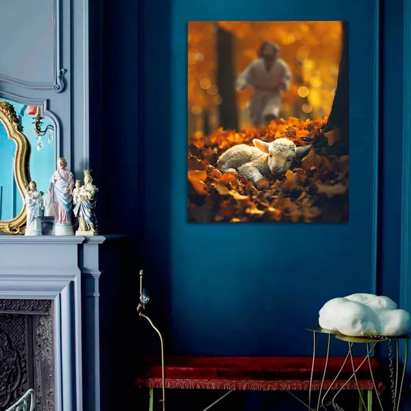 Multicolor_Jesus_and_Lamb_Canvas_Wall_Art_Jesus_Runs_|_For_the_Lost_Sheep_In_Autumn_|_Forest_Picture_Wall_Art_Canvas_Print_Christian_Home_Decor_12x16_inch