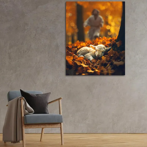 Multicolor_Jesus_and_Lamb_Canvas_Wall_Art_Jesus_Runs_|_For_the_Lost_Sheep_In_Autumn_|_Forest_Picture_Wall_Art_Canvas_Print_Christian_Home_Decor_12x16_inch