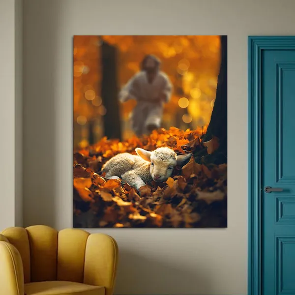 Multicolor_Jesus_and_Lamb_Canvas_Wall_Art_Jesus_Runs_|_For_the_Lost_Sheep_In_Autumn_|_Forest_Picture_Wall_Art_Canvas_Print_Christian_Home_Decor_12x16_inch