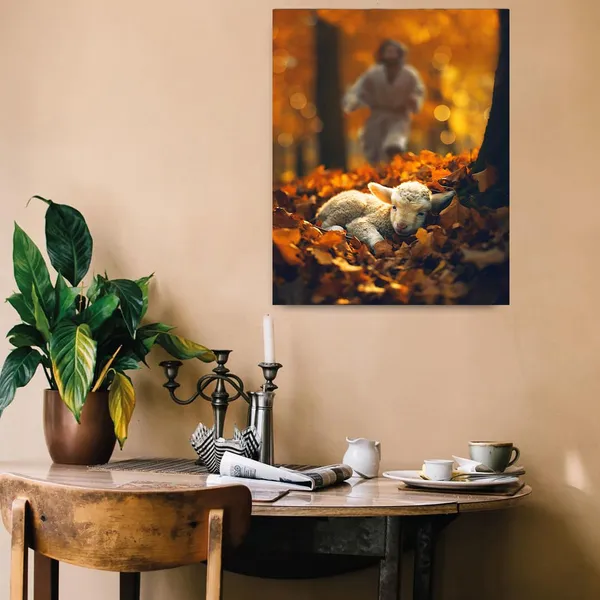 Multicolor_Jesus_and_Lamb_Canvas_Wall_Art_Jesus_Runs_|_For_the_Lost_Sheep_In_Autumn_|_Forest_Picture_Wall_Art_Canvas_Print_Christian_Home_Decor_12x16_inch