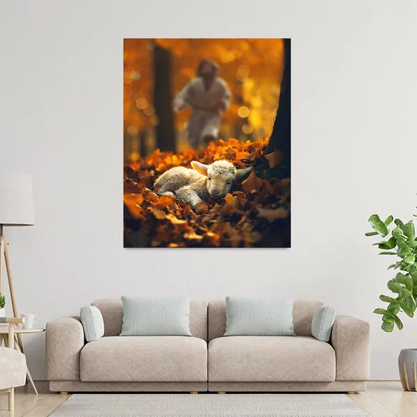 Multicolor_Jesus_and_Lamb_Canvas_Wall_Art_Jesus_Runs_|_For_the_Lost_Sheep_In_Autumn_|_Forest_Picture_Wall_Art_Canvas_Print_Christian_Home_Decor_12x16_inch