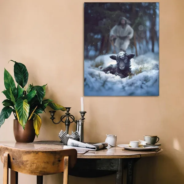 Multicolor_Jesus_and_Lamb_Canvas_Wall_Art_Jesus_Runs_|_For_the_Lost_Sheep_In_Winter_|_Forest_Picture_Wall_Art_Canvas_Print_Christian_Home_Decor_12x16_inch