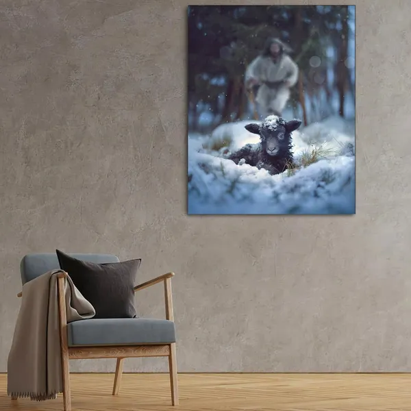 Multicolor_Jesus_and_Lamb_Canvas_Wall_Art_Jesus_Runs_|_For_the_Lost_Sheep_In_Winter_|_Forest_Picture_Wall_Art_Canvas_Print_Christian_Home_Decor_12x16_inch