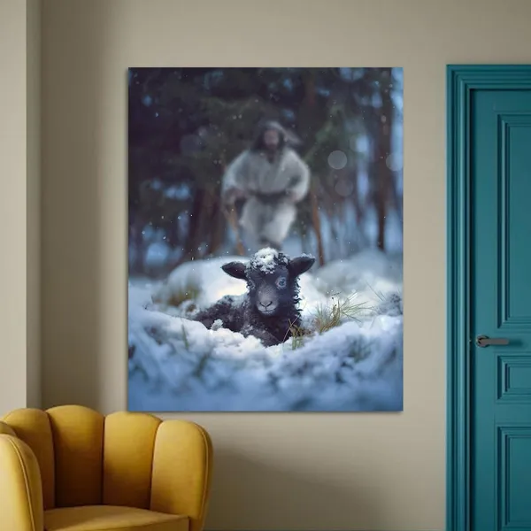 Multicolor_Jesus_and_Lamb_Canvas_Wall_Art_Jesus_Runs_|_For_the_Lost_Sheep_In_Winter_|_Forest_Picture_Wall_Art_Canvas_Print_Christian_Home_Decor_12x16_inch
