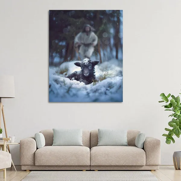 Multicolor_Jesus_and_Lamb_Canvas_Wall_Art_Jesus_Runs_|_For_the_Lost_Sheep_In_Winter_|_Forest_Picture_Wall_Art_Canvas_Print_Christian_Home_Decor_12x16_inch
