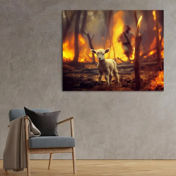Multicolor_Jesus_and_Lamb_Canvas_Wall_Art_Lamb_Lost_in_the_|_Forest_Fire_Picture_Wall_Art_Canvas_Print_Christian_Home_Decor_12x16_inch