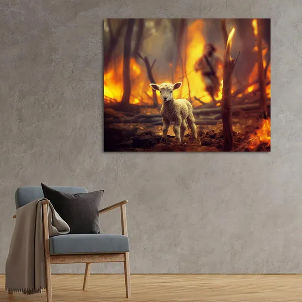 Multicolor_Jesus_and_Lamb_Canvas_Wall_Art_Lamb_Lost_in_the_|_Forest_Fire_Picture_Wall_Art_Canvas_Print_Christian_Home_Decor_12x16_inch
