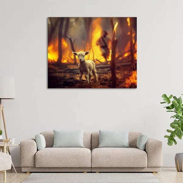 Multicolor_Jesus_and_Lamb_Canvas_Wall_Art_Lamb_Lost_in_the_|_Forest_Fire_Picture_Wall_Art_Canvas_Print_Christian_Home_Decor_12x16_inch