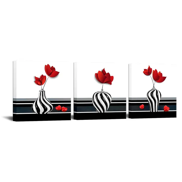 Multicolor_3_Pieces_Abstract_Red_Flower_Canvas_Wall_Art_Still_Life_Canvas_Painting_Prints_Flower_on_Black_and_White_Vases_Picture_|_For_Bathroom_Hallway_Decor_Stretched_12x12inchx3pcs