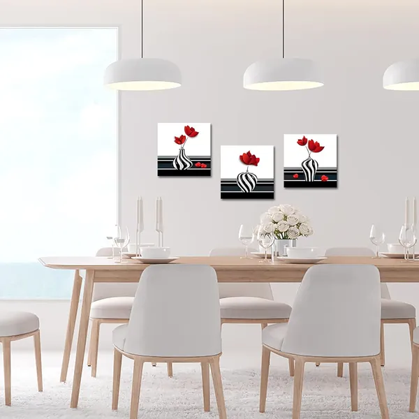Multicolor_3_Pieces_Abstract_Red_Flower_Canvas_Wall_Art_Still_Life_Canvas_Painting_Prints_Flower_on_Black_and_White_Vases_Picture_|_For_Bathroom_Hallway_Decor_Stretched_12x12inchx3pcs