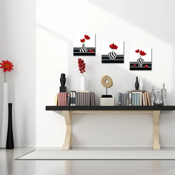Multicolor_3_Pieces_Abstract_Red_Flower_Canvas_Wall_Art_Still_Life_Canvas_Painting_Prints_Flower_on_Black_and_White_Vases_Picture_|_For_Bathroom_Hallway_Decor_Stretched_12x12inchx3pcs