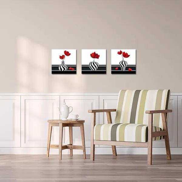 Multicolor_3_Pieces_Abstract_Red_Flower_Canvas_Wall_Art_Still_Life_Canvas_Painting_Prints_Flower_on_Black_and_White_Vases_Picture_|_For_Bathroom_Hallway_Decor_Stretched_12x12inchx3pcs