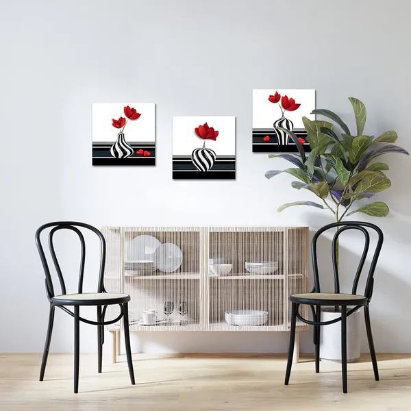 Multicolor_3_Pieces_Abstract_Red_Flower_Canvas_Wall_Art_Still_Life_Canvas_Painting_Prints_Flower_on_Black_and_White_Vases_Picture_|_For_Bathroom_Hallway_Decor_Stretched_12x12inchx3pcs