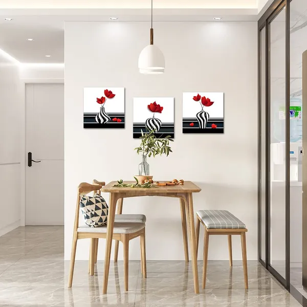 Multicolor_3_Pieces_Abstract_Red_Flower_Canvas_Wall_Art_Still_Life_Canvas_Painting_Prints_Flower_on_Black_and_White_Vases_Picture_|_For_Bathroom_Hallway_Decor_Stretched_12x12inchx3pcs