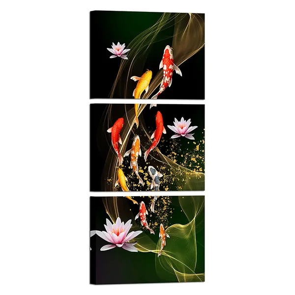 Multicolor_3_Piece_Nine_Koi_Fish_Canvas_Painting_Wall_Art_Feng_Shui_Lucky_Carp_in_Lotus_Pond_Picture_Prints_Traditional_Chinese_Painting_Poster_|_For_Bathroom_Spa_Room_Decor_Framed_12x16inchx3pcs