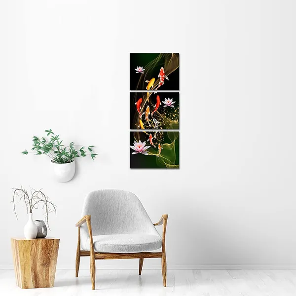 Multicolor_3_Piece_Nine_Koi_Fish_Canvas_Painting_Wall_Art_Feng_Shui_Lucky_Carp_in_Lotus_Pond_Picture_Prints_Traditional_Chinese_Painting_Poster_|_For_Bathroom_Spa_Room_Decor_Framed_12x16inchx3pcs