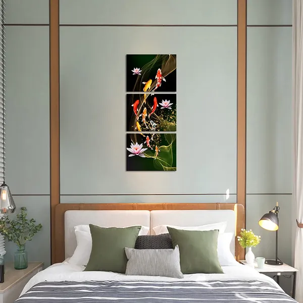 Multicolor_3_Piece_Nine_Koi_Fish_Canvas_Painting_Wall_Art_Feng_Shui_Lucky_Carp_in_Lotus_Pond_Picture_Prints_Traditional_Chinese_Painting_Poster_|_For_Bathroom_Spa_Room_Decor_Framed_12x16inchx3pcs